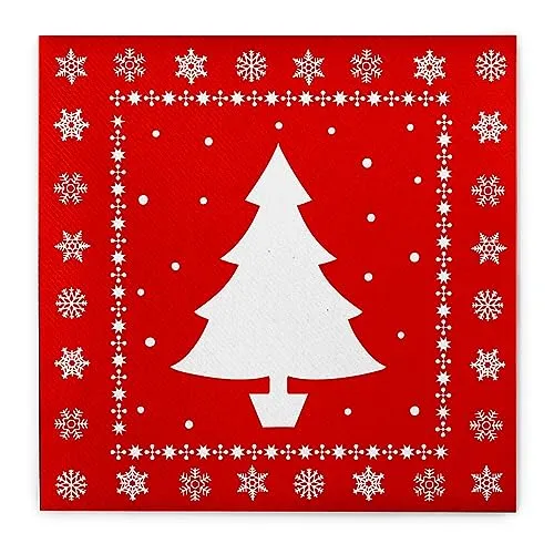 Sovie HOME Serviette WHITE TREE in Rot aus Linclass® Airlaid, Einweg Weihnachtsservietten stoffähnlich, Weihnachten Tannenbaum Schneeflocken, 40x40 cm,12 Stück