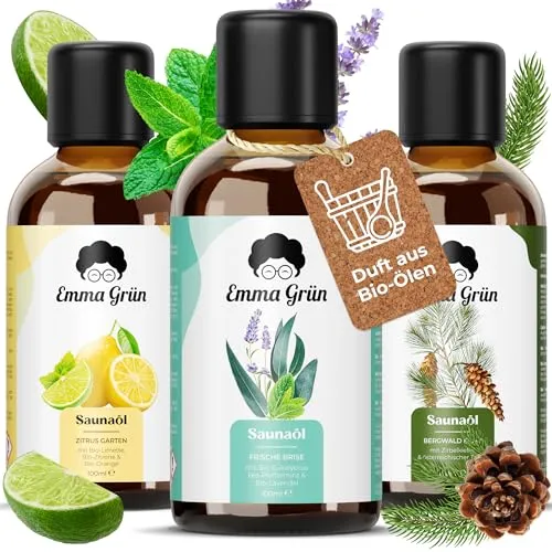 Emma Grün® Bio Saunaaufguss Set 3x 100ml - Ätherische Öle für erholsame Saunagänge - Aufgüsse mit Bio-Zitrusölen, Eukalyptus & Zirbenöl für ein aromatisches Saunaerlebnis. Hochdosiert und ergiebig, ideal für 10-20 Saunagänge.
