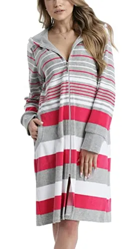 Aquarti Damen Frottee Bademantel Morgenmantel Gestreift mit Kapuze, Farbe: Pink, Größe: XXL