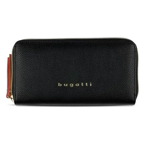 Bugatti Ella Geldbörse für Damen groß - Stilvolles Portemonnaie in Schwarz - Damen-Geldbörsen mit 9 Kartenfächern und rotem Akzent-Design, handgefertigt aus strapazierfähigem PU-Kunstleder für langlebige Eleganz.