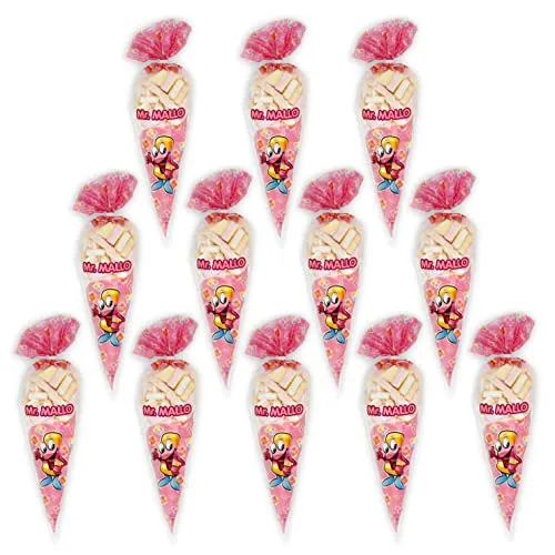 Mr. Mallo Marshmallow Spitzbeutel | Schaumzucker Bunte Mischung für Geburtstage Karneval Partys | praktisch mit Clip Verschluss (12x250g)