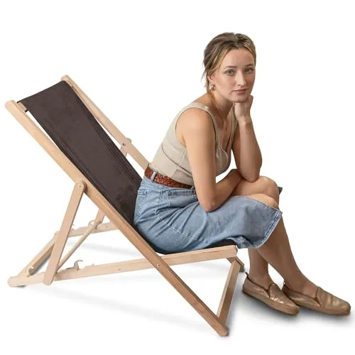 DreamRoots Liegestuhl Holz Klappbar Cord-Gewebe aus Buchenholz, bis 130 kg belastbar, 3-Fach verstellbare Rückenlehne für Garten oder Terrasse