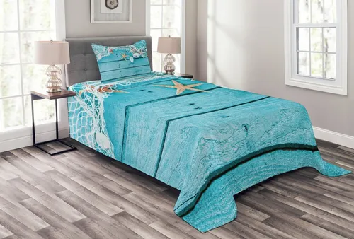 Abakuhaus Tagesdecke Set mit Kissenbezügen Waschbar, maritim Nautik Muscheln und Net