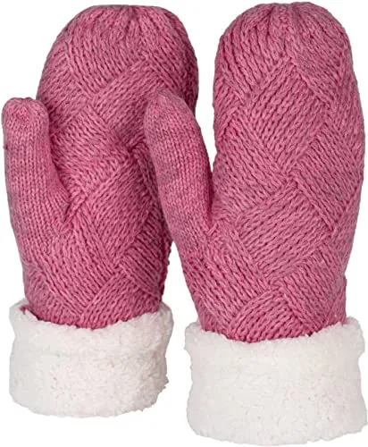styleBREAKER Damen warme Winter Strick Fäustlinge, Handschuhe mit Rauten Muster, Thermo Fleece, Strickhandschuhe 09010031, Farbe:Pink