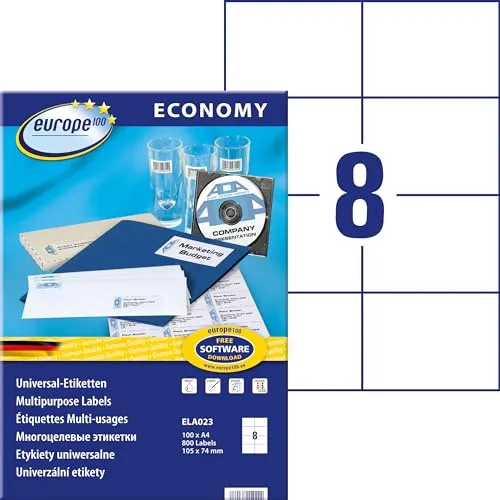 Europe100 Art. ELA023 Universal Etiketten (800 Klebeetiketten, 105x74mm auf A4, Papier matt, individuell bedruckbar, selbstklebende Aufkleber, kompatibel zu AVERY 3427) 100 Blatt, weiß