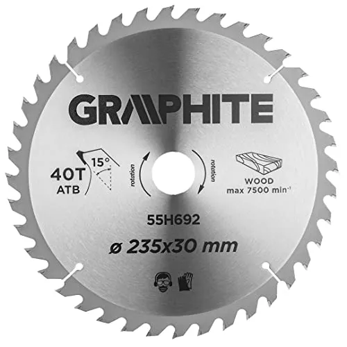 GRAPHITE Kreissägeblatt 235x30 mm, Widia widerstandsfähig, robust, zum Schneiden von Holz, Spanplatten, MDF Reduzierringe im Satz 40 Zähne