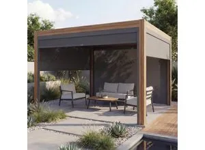 Pergola MCW-L46 mit Seitenwand – Lamellen-Pavillon in Holzoptik - Robuste Pergola mit sturmfestem 10cm-Alu-Gestell und 4 Seitenwänden. Ideal für entspannte Stunden im Freien, bietet Schutz und Stil für jeden Garten.