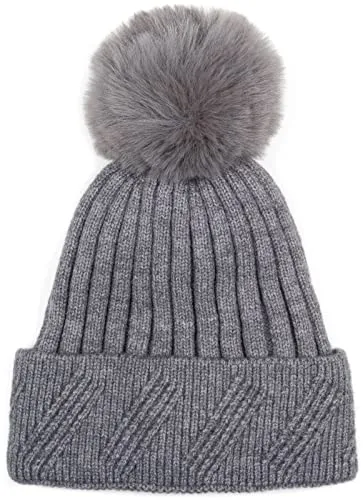 styleBREAKER Damen Strick Bommelmütze Einfarbig mit Rippen Muster und Fleece Futter, Winter Mütze, Strickmütze 04024198, Farbe:Grau