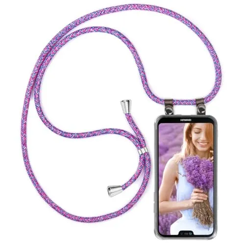 moex Handykette für Huawei Mate 20 Lite Hülle mit Band abnehmbar, Handyhülle mit Kette zum Umhängen, Handyband 155 cm lang Stoff Kordel Umhängehülle, Handy Umhängeband, Lila Pink