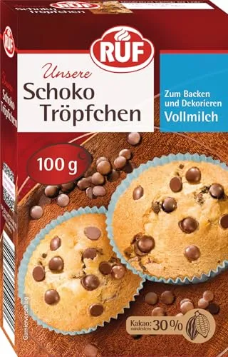 RUF Schoko-Tröpfchen Vollmilch - Backfeste Schokoladen-Tropfen für Kuchen & Toppings - Streudekor & Streusel - Diese glutenfreien und veganen Schoko-Tropfen mit 30% Kakaoanteil bleiben beim Backen stabil und sind ideal für Cookies, Torten und als köstliches Topping.
