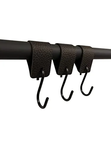 RSR Hangers Kleiderhaken mit Lederschlaufe - Schwarz - 12 Stück - S Haken – 12,5 cm x 3 cm - Garderobe -Kleiderstange - Leder – Lederband - Garderobenhaken – Fleischerhaken - Multifunktionshaken