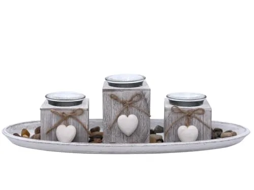 Schönes Deko-Set mit 3 Teelichthalter - dekoriert mit Herzen auf Tablett und Dekosteine - grau b39h10t14cm - Tischdeko Romantik Geschenkidee Landhausstil Shabby Vintage Dekoration