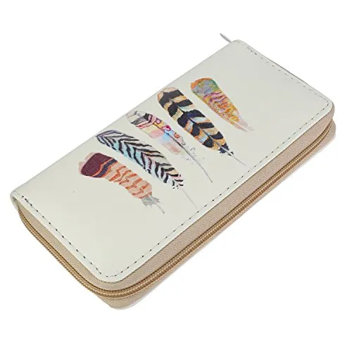 DonDon Geldbörse Damen mit Reißverschluss Portemonnaie Geldbeutel Damen Kinder Mädchen Muster 5 Federn bunt