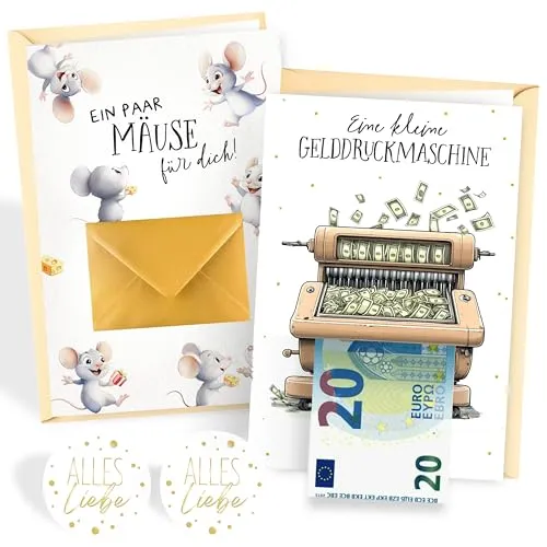 LOViLEE 2x Geldgeschenk Geburtstagskarten Wunscherfüller mit Umschlag und Stickern – Geldgeschenke Geburtstag, Gutscheinkarte, Geburtstagskarte Frau, Jugendweihe Karten – Mäuse und Moneten