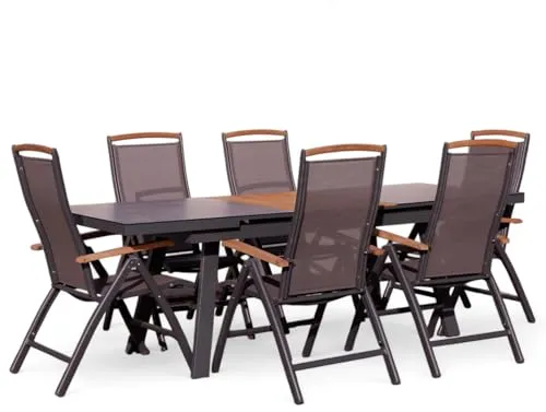 ALEOS Gartengarnitur Alu TEAK Set - Ausziehbarer Tisch 180-240cm + 6 Hochlehner - Loungemöbel & Sitzgruppen, 7-teiliges Set mit wetterbeständigem, ausziehbarem Tisch und komfortablen Hochlehnern für gesellige Stunden im Freien.