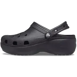 Crocs Classic Platform Holzschuhe Schwarz EU 38 1/2 - Pantoletten mit 41 mm Keilabsatz, personalisierbar mit JibbitzTM-Ansteckern und ausgestattet mit Iconic Crocs Comfort für einen leichten, flexiblen Tragekomfort.