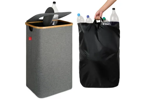 Blumtal Pfandflaschen Sammelbehälter 100L - Eleganter Bambus Organizer - Müllsackständer mit 100L Stauraum und geruchsbindender Tasche, perfekt für eine ordentliche Leergutaufbewahrung und einfache Rückgabe.