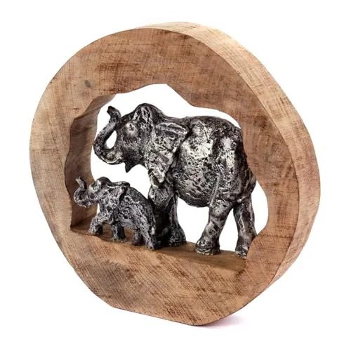 CREEDWOOD SKULPTUR Log Elephants | Mangoholz, 37cm, Silber - Statuen mit symbolischem Familienzusammenhalt. Die liebevoll gestaltete Elefanten-Familie aus Mangoholz und Aluminium ist ein stilvoller Hingucker für jedes Zuhause.