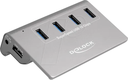 DELOCK 64181 - USB 3.1 4-Port Typ-A Tisch-Hub - USB-Hub mit 4 Anschlüssen, unterstützt SuperSpeed USB 10 Gbps für schnelle Datenübertragungen. Ideal für Home Office durch schräges Design und sicheren Stand dank Gummipads.