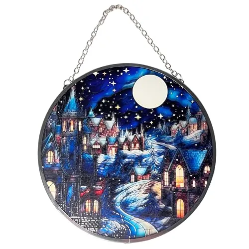Thorness Buntglas-Sonnenfänger, 15 cm Durchmesser, Winter-Szenen-Design, Hängender Fensterornament, Glas, Weihnachtsschmuck, Weihnachten
