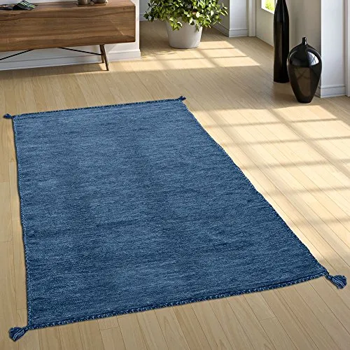 Paco Home Wohnzimmer Natur Teppich m. Fransen, Moderner Handgewebter Kelim, 100% Baumwolle, Grösse:240x340 cm, Farbe:Blau