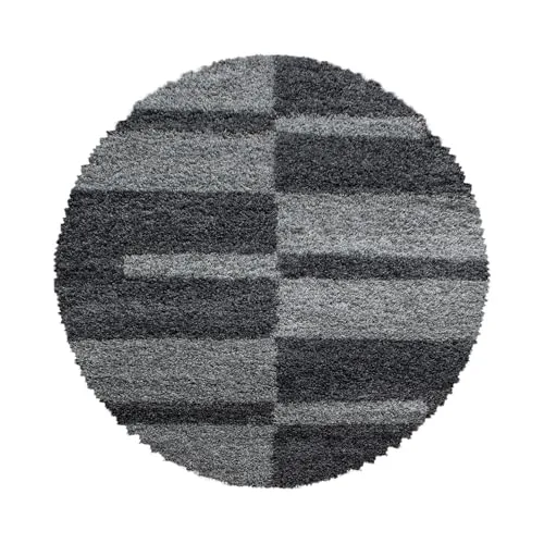 Carpetsale24 Hochflor Teppich Rund 120 cm Grau – Weicher Shaggy Flokati im Karierten Design – Dekorativer Bodenteppich für Wohnzimmer, Schlafzimmer oder Kinderzimmer – Pflegeleicht