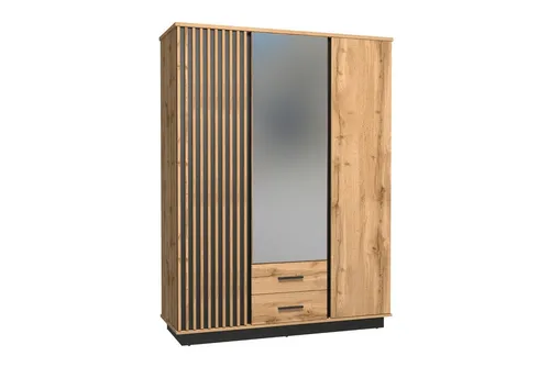 Deine Möbel 24 Kleiderschrank LAMI 15 mit Spiegel & 2 Schubladen – Modernes Design in Wotan Eiche/Schwarz Matt - Der Kleiderschrank LAMI 15 bietet mit 3 Türen, integriertem Spiegel und 2 Schubladen viel Stauraum. Ideal für Schlafzimmer, Flur oder Jugendzimmer – vereint Funktionalität und modernes Design.