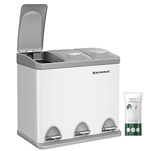SONGMICS Mülleimer Küche, 3 x 8 L, kleine Kapazität, Mülltrennsystem 3 Fächer, Abfalleimer mit Deckel, Stahl-Treteimer für kleine Familien, Pedale und Inneneimer, weiß-grau LTB24WT