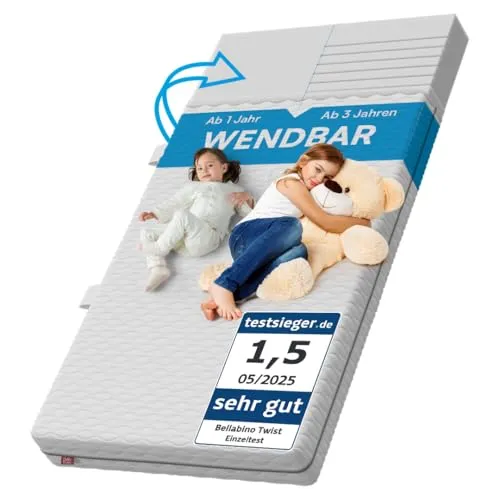 Bellabino Kindermatratze Twist 120x200 - Wendbare Matratze für Kinder - Matratzen für Kinder von 1,5 bis 13 Jahren mit zwei Härtegraden (H1/H2) und 7-Zonen-Schnitt für gesunde Wirbelsäulenanpassung. Hygienisch mit waschbarem Bezug, ideal für Allergiker.