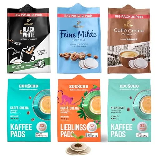 Tchibo Eduscho Kaffeepadmix Probierset – 204 Stück Vielfalt - Kaffeekapseln & Pads mit 6 Sorten für alle gängigen Pad-Maschinen. Nachhaltig und mit 204 Einzelportionen für maximalen Kaffeegenuss bei Ihnen Zuhause.
