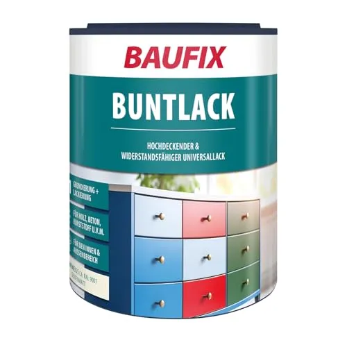 BAUFIX Buntlack cremeweiss, seidenmatt, 1 Liter, Lackfarbe, wasserverdünnbar, für innen & außen, geeignet für Holz/Zink/Beton/Eisen/Mauerwerk