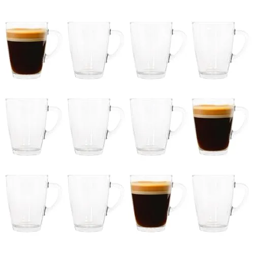 LAV 12 x transparente 350-ml-Vega-Kaffeetassen aus Glas – große hitzebeständige Trinkbecher für Tee, Latte, Cappuccino, heiße Schokolade, Gläser-Set mit Henkel