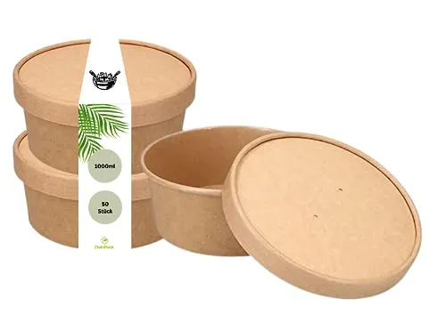 DeinPack 50 Salatschalen 1000ml mit Deckel braun rund I Recycellbare To Go Schalen Kraftkarton Verpackung mit PLA Innenbeschichtung I Kraft Deckel