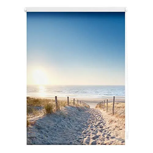 Lichtblick Rollo Klemmfix - Verdunkelung Ostseestrand Blau 90 x 150 cm - Rollos für Fensterdekoration, ohne Bohren montierbar, mit 100% Verdunkelungsgrad und maritimem Ostsee-Motiv für eine entspannende Atmosphäre.