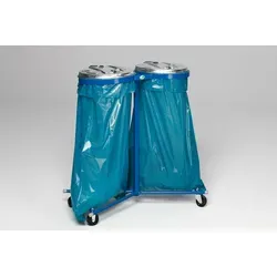 Robuster Doppel-Abfallsammler mit Metall-Deckel, fahrbar, 2x 120 Liter - Ideal für effiziente Abfallbewältigung im Freien. Wetterfest, langlebig und stilvoll, bietet er großzügigen Stauraum und hält auch extremen Bedingungen stand.