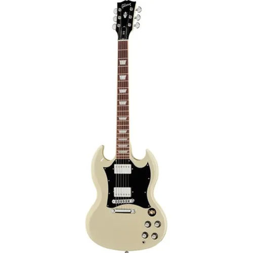 Gibson SG Standard Classic White - Elegante SG-Gitarre in Cream White, gefertigt aus hochwertigem Mahagoni. Ideal für Musiker, die einen kraftvollen Klang und Stil vereinen möchten. Inklusive Gigbag.