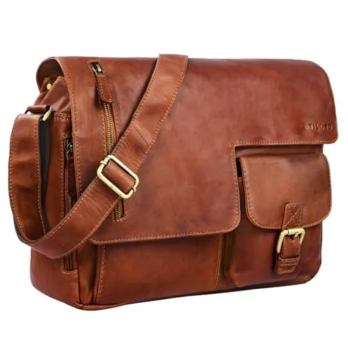 STILORD 'Mika' Ledertasche Vintage Braun - Elegante Umhängetasche für Laptop - Laptop-Schultertaschen mit 15.6 Zoll Laptopfach und 11 Fächern für optimalen Stauraum. Hochwertiges Büffelleder im Vintage-Look, ideal für Büro und Alltag.