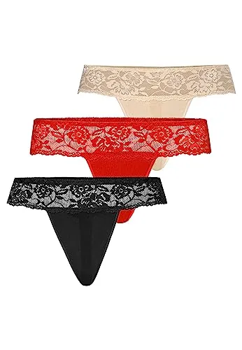 Teyli Damen String Tanga aus Mesh mit Spitze 3er Pack Schwarz Rot Beige XL