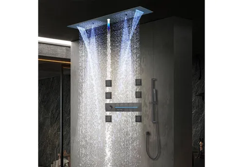 Oihpaw Duschsystem 900 x 300 mm 4 Funktions LED Musik Duschkopf, Ganzkörper Duschsystem, 4 Strahlart(en), Thermostatisches Duschventil mit 6 Funktionen