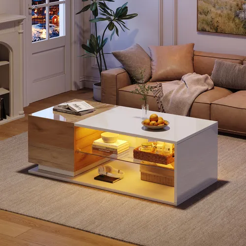 LED Couchtisch mit Stauraum, Hochglanz Wohnzimmertisch 105x50x36cm - Moderner Hochglanz Couchtisch mit LED-Beleuchtung und großzügigem Stauraum. Ideal zur Organisation Ihres Wohnraums und für ein stilvolles Ambiente. Leicht zu reinigen und stabil gebaut.