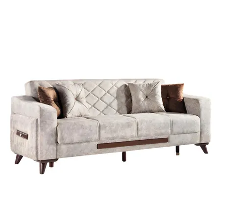 Beige Schlafsofa mit Bettkasten und Klappfunktion - Modernes Schlafsofa in Beige mit praktischem Bettkasten. Ideal für das Wohnzimmer, bietet Platz für 3 Personen und verwandelt sich schnell in ein gemütliches Bett.