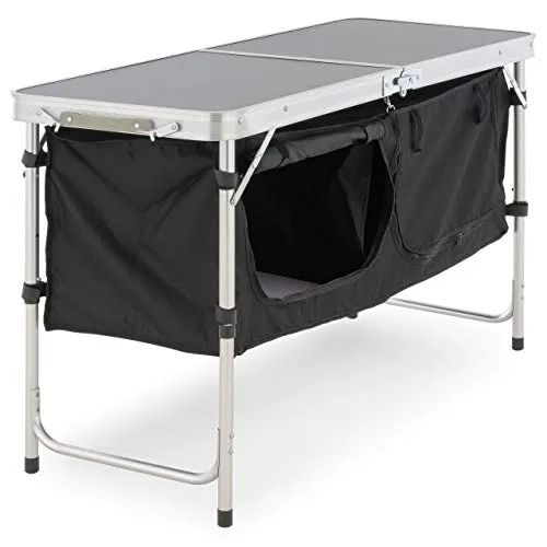 Nexos Trading Campingschrank faltbar Alu - Höhenverstellbarer Klapptisch für Outdoor - Camping-Möbel mit großem Stauraum und robuster MDF-Tischplatte, ideal für Wohnmobile und Zelten. Witterungsbeständig, leicht und platzsparend zusammenklappbar.