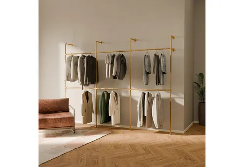 pamo. design Kleiderständer KIM DOUBLE – Offener Kleiderschrank aus Wasserrohren - Kleiderständer im Industrial Style, aus robustem Stahl, goldfarben und mit einer Traglast von bis zu 40 kg je Querstange – ideal für stilvolle Ordnung.