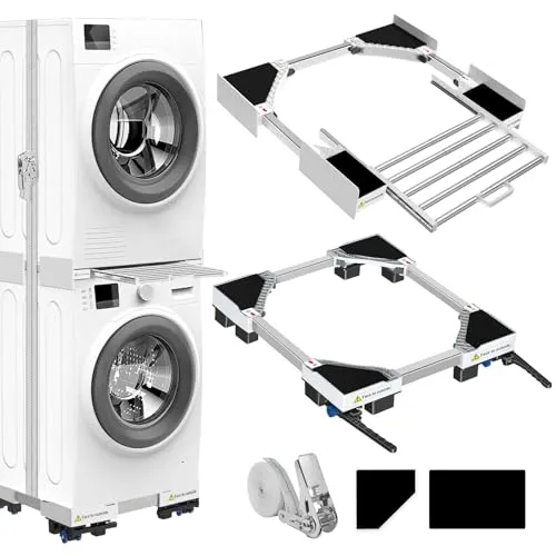 NIUXX Universal Stapelset und Beweglicher Sockel für Wäschetrockner und Waschmaschine, Größenverstellbar mit Ratschenseil und Ausziehbaren Trockenständern für Wasch- und Trockenmaschinen Platz sparend