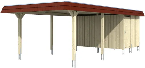 SKAN HOLZ Wendland Einzelcarport mit roter Blende - Flachdach-Carport aus hochwertigem Holz, inklusive Pfostenanker und EPDM Folie für optimalen Wetterschutz. Ideal für Gartenhäuser, Geräteschuppen & Carports.