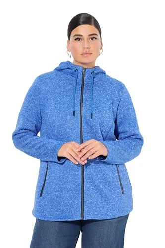 Ulla Popken Damen Strickfleece-Jacke mit Kapuze - Outdoor Fleecejacke für Damen, außen aus meliertem Strick, innen kuschelweich, mit praktischen Reißverschlusstaschen und modisch verlängertem Saum.