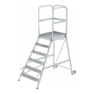 MUNK Podestleiter einseitig Rollen-Griff 6 Stufen - Podestleiter mit stabilen Aluminiumholmen, 6 tiefen Stufen und dreiseitigem Geländer – ideal für sicheres Arbeiten in der Höhe.