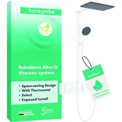 hansgrohe Raindance Alive Q Duschsystem 210/340 1jet EcoSmart - Komplettduschen mit EcoSmart-Technologie für wassersparendes Duschen, bietet ein luxuriöses Duscherlebnis und elegantes Design in Mattweiß.