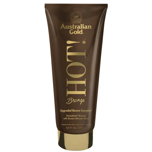 Australian Gold Hot! With Bronzers 250 ml - Sonnenlotion mit Bronzern, bietet sofortige Bräune und enthält feuchtigkeitsspendendes Aloe Vera für geschmeidige Haut. Ideal für Bräunungsfans, die ihren Teint verlängern möchten.