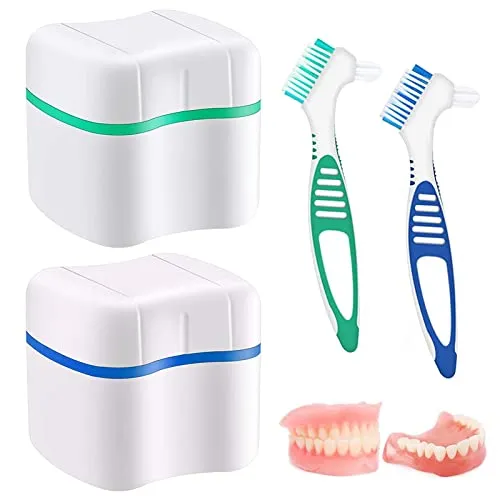 Guador 2 Stücke Zahnprothese Etui 2 Prothesen Reinigerbürsten Prothesen Bade Box Zahnprothesen-Box Prothesen Reiniger Bürste Prothesen Zahnbürste Prothesen Becher Box Bade Prothesen Behälter mit Korb